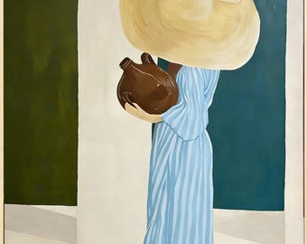 Cuadro bohemio sobre lienzo, obra de arte de mujer costera, estilo mediterráneo.