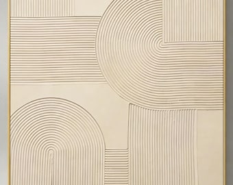 Beige Geometric Textured Wall Art Neutral Abstract Plaster Canvas DecorModern Minimalist 3D Line Art