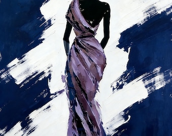 Elegant Silhuettkonst Lila Klänningsmålning Impasto Figurkonst Blåvitt Konstverk Modeporträtt