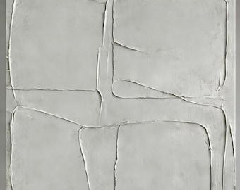 Pintura de yeso texturizado blanco puro, decoración de pared minimalista sobre lienzo, arte de yeso 3D moderno y neutro.