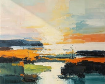 Sunset River Art Impasto Landscape Abstract Lake View Textured Canvas Modern Coastal Painting