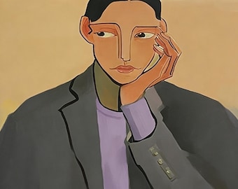 ensive Man painting Geometric Portrait Purple Tone Art Abstract Wall Art Living Room Decor