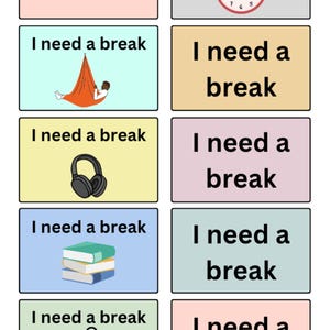 Può includere: Una collezione di grafiche rettangolari colorate con le parole "BREAK" e "I need a break". Le grafiche presentano immagini di un orologio, cuffie, libri e una persona che cammina. Il tema generale suggerisce la necessità di relax e tempo libero.