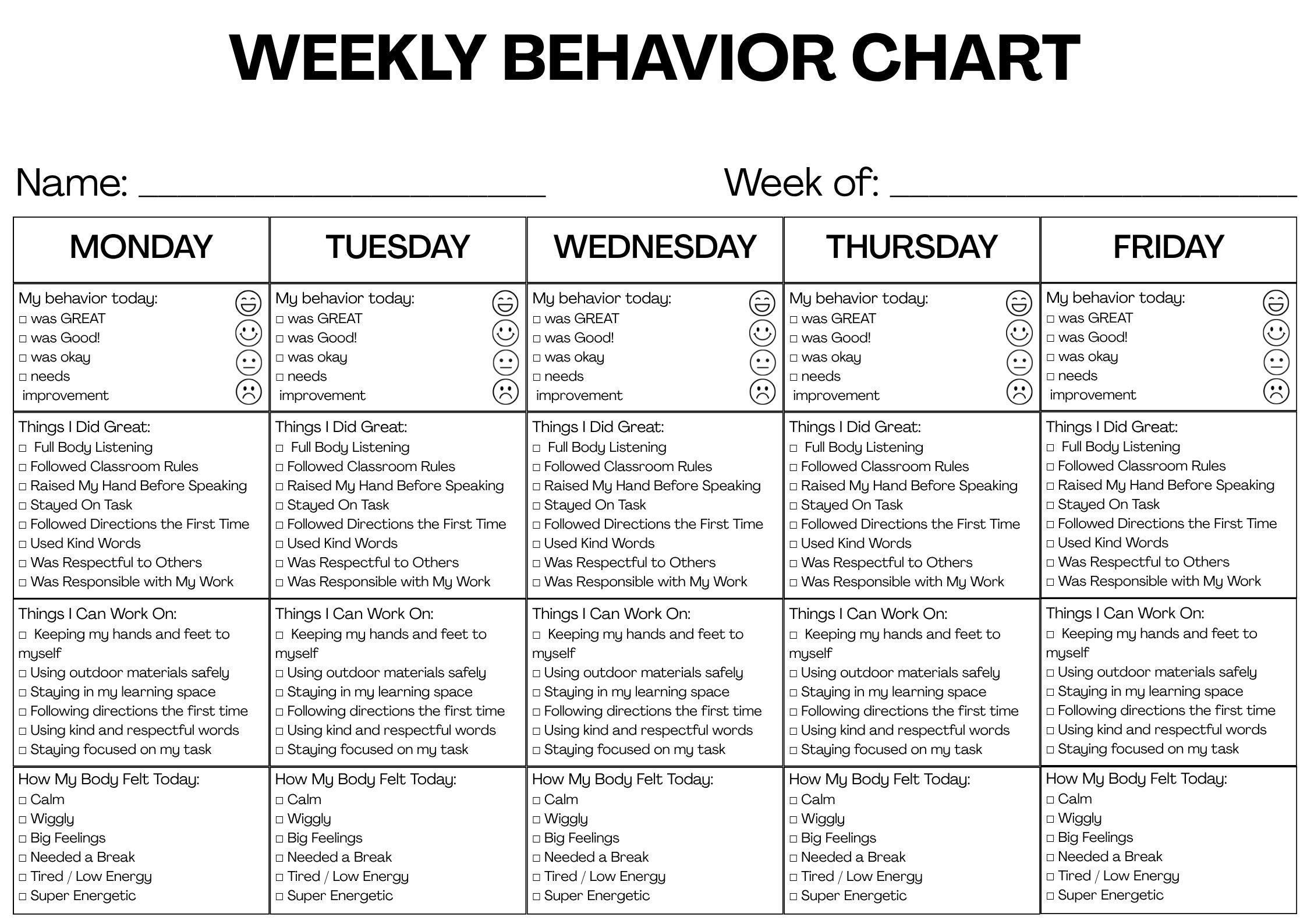 Weekly Behaviour Chart - Etsy