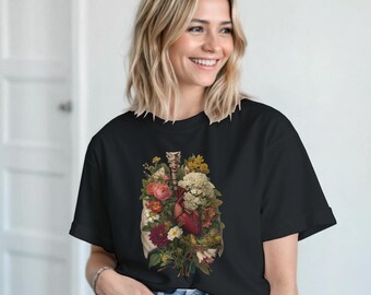 呼吸器科シャツ、花柄解剖学アパレル、呼吸療法士へのギフト、ダークアカデミア服