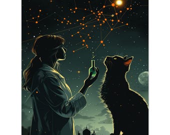女性科学者と黒猫のアートプリント – 暗い夜の科学イラスト、STEM分野の女性