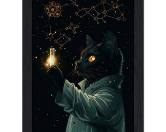 額入り壁掛けポスター - 黒猫の科学者、ダークサイエンスアートプリント