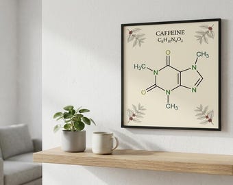 カフェイン分子の化学プリント、コーヒー好きのための科学アート（デジタルダウンロード）