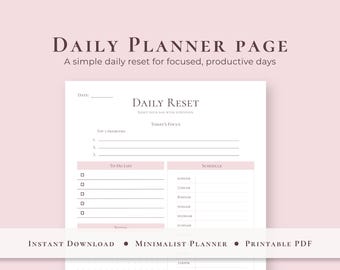 Minimalist Daily Reset Planner Page, Hourly Schedule To Do List (Printable PDF)