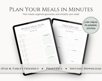 Weekly Meal Planner Kit | Grocery List, Recipe Cards (Digital Download)