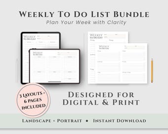 Weekly To Do List Bundle | Minimalist Weekly Planner | Landscape and Portrait Planner | Aesthetic Weekly Task List PDF | Instant Download