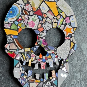 Recycled China Mosaic Skull: Broken China Art, Edgy Statement Piece