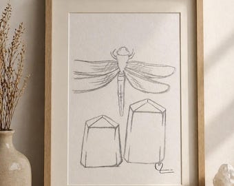 Disegno di libellula con cristalli, arte/decorazione murale minimalista/senza cornice