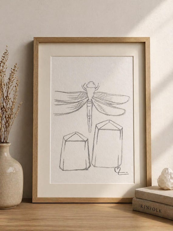 Dragonfly Crystals Drawing Art|Wall decor Minimalism| Unframed