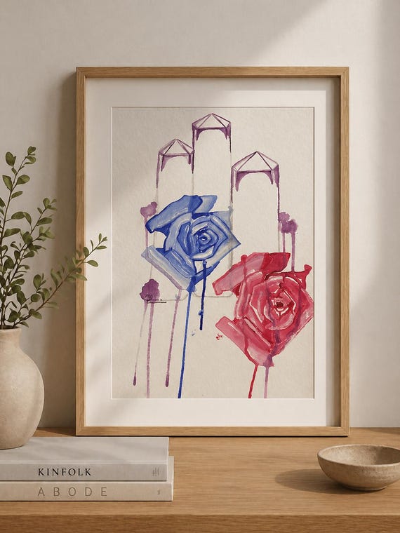 Watercolor Blue Original Painting Midnight Rose Pt II Minimalism Wall Decor Unframed