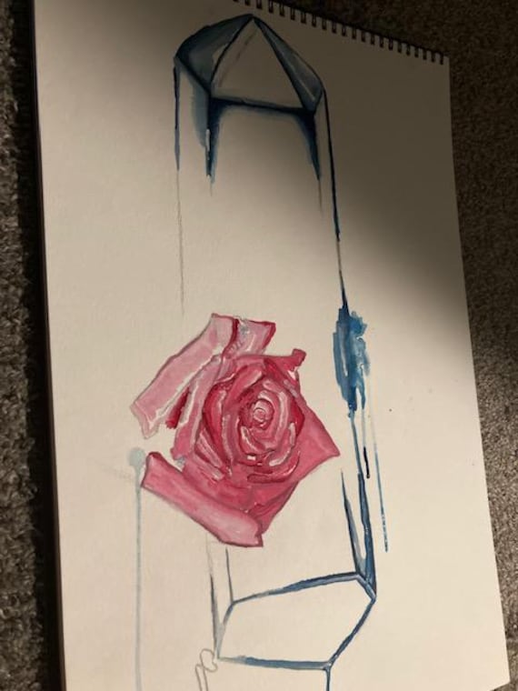 Watercolor Blue Original Painting Midnight Rose Minimalism Wall Decor Unframed