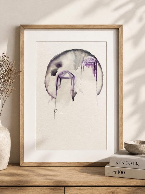 Watercolor Purple Original Painting Amethyst Moon Minimalism Wall Decor Unframed