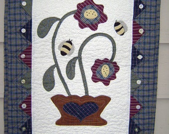 Flower Basket with Bees FOLK ART QUILT Wallhanging
