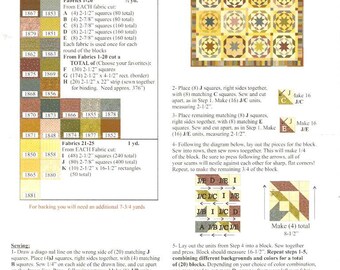 May include: A quilt pattern titled "Stars & Wheels Quilt" with a diagram and fabric requirements. The quilt design features star and wheel patterns in various colors. The approximate size is 82.5" x 100.5".