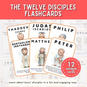 Op de afbeelding: Flashcards met illustraties van de twaalf discipelen, met namen als Petrus, Matteüs en Judas. De kaarten hebben een witte achtergrond, oranje randen en tekst. De set bevat 12 unieke kaarten. De tekst luidt: 'The Twelve Disciples Flashcards'.