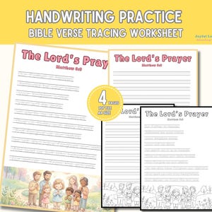 May include: Handwriting practice Bible verse tracing worksheet featuring The Lord's Prayer from Matthew 6:9. The set includes four A4 size PDF pages with lined text for tracing and a colorful illustration of a diverse group of people praying.