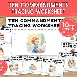 May include: A collection of ten Ten Commandments tracing worksheets, plus a bonus page, in a PDF file. Each worksheet features illustrations and tracing lines for each commandment. The worksheets are 8.5 x 11 inches.