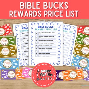 Könnte beinhalten: Eine Sammlung farbenfroher "Bible Bucks"-Belohnungsgutscheine und eine "Rewards Price List" mit einer Schafgrafik. Die Gutscheine sind in verschiedenen Farben, darunter Rot, Grün und Blau. Der Text auf den Gutscheinen und der Preisliste ist auf Englisch.