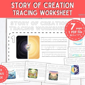 Puede incluir: Un conjunto de hojas de trabajo de trazado titulado "Historia de la Creación". Las hojas de trabajo presentan ilustraciones y texto para que los niños los tracen, incluyendo "Dios hizo la luz y las tinieblas". El conjunto incluye 7 páginas en un archivo PDF, 21.6 x 27.9 cm.