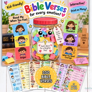 Può includere: Un set stampabile digitale con un barattolo di vetro pieno di foglietti colorati etichettati Bible Verses for every emotion. Include carte illustrate per sentimenti come tristezza, felicità, rabbia, gratitudine e preoccupazione, con 350 versetti.