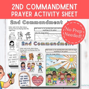 Hoja de actividades de oración del Segundo Mandamiento, página para colorear imprimible para niños, escuela dominical, escuela bíblica de verano, estudio bíblico en casa.