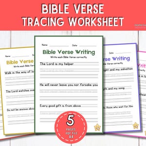 May include: A stack of five Bible verse tracing worksheets with different colored borders. The worksheets have lines for writing and include phrases like "The Lord is my helper" and "Every good gift is from above." The image also includes the text "Bible Verse Tracing Worksheet."