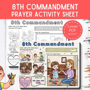 Puede incluir: Una hoja de actividades de oración imprimible del 8º Mandamiento. La hoja incluye actividades para colorear y preguntas sobre la honestidad y el respeto. El PDF mide 21,6 x 27,9 cm y presenta ilustraciones de compartir y devolver el cambio.