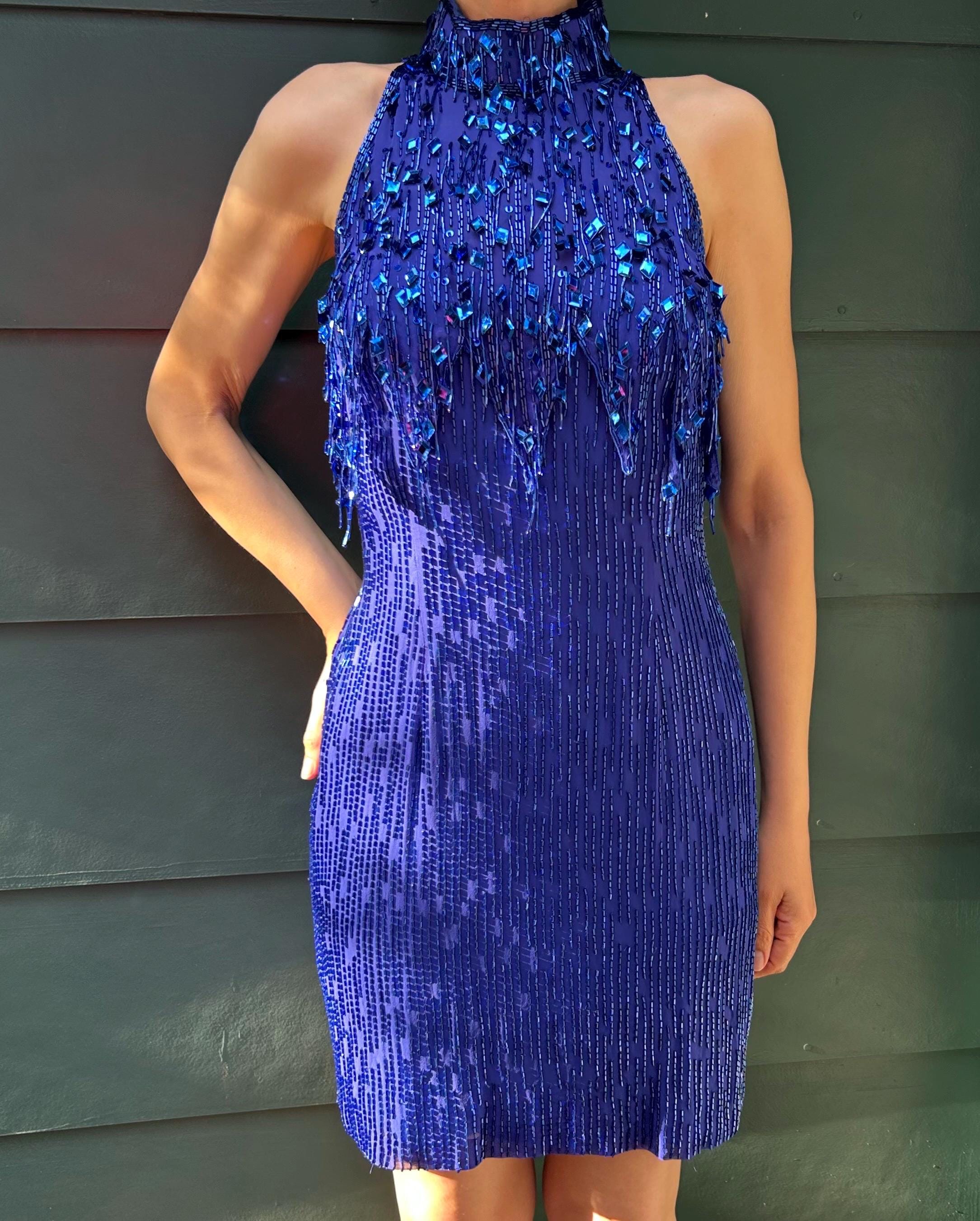 Blue Cocktail Dress Sequin Fringe