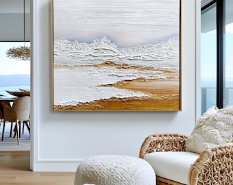 Getextureerde kustschildering, witgouden abstract zeegezicht, grote neutrale muurkunst