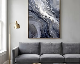 Pintura abstracta de oro negro, arte mural de mármol fluido de lujo, lienzo vertical grande.