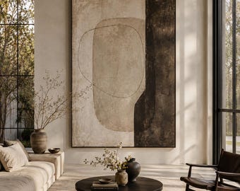 Neutral Line Art Oil Painting on Canvas, Large Hand-Painted Textured Minimalist Decor for Living Room Bedroom Entryway Serene