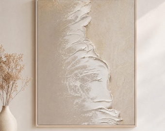 Abstract Textured Wall Art, Neutral Beige Oil Painting, Hand Painted White Minimalist Canvas for Living Room Decor,Ocean Abstract Wall Art