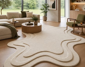 Abstract Organic Shaped Tufted Rug | Custom Size 3D Layered Wave Area Rug | Cream Minimalist Living Room Carpet | Plush Sculpted Wool Rug