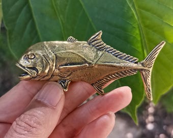 Solid Brass Tuna Fish Figurine Handmade Copper Fish Statue Metal Fish Sculpture Feng Shui Wealth Decor Vintage Collectible