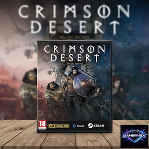 Puede incluir: Caja del videojuego "Crimson Desert Deluxe Edition" con un guerrero con espada y escudo. La caja tiene el título del juego en blanco, con la clasificación PEGI, 4K Ultra HD y el logotipo de Steam. El fondo es una imagen borrosa de un paisaje.