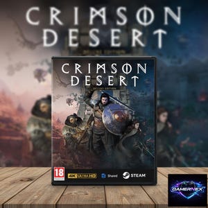 Puede incluir: Caja del videojuego "Crimson Desert Deluxe Edition" con un guerrero con espada y escudo. La caja tiene el título del juego en blanco, con la clasificación PEGI, 4K Ultra HD y el logotipo de Steam. El fondo muestra una imagen borrosa de un paisaje.
