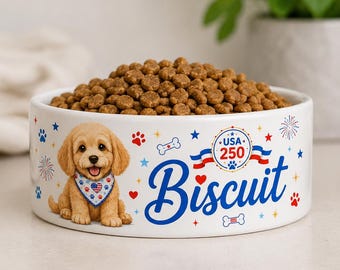 名入れ可能な犬用ボウル、愛国的なアメリカ国旗柄のペットフード皿、カスタム名入りセラミック製犬用ボウル、赤白青の犬用食器、再利用可能なペット用給餌ギフト