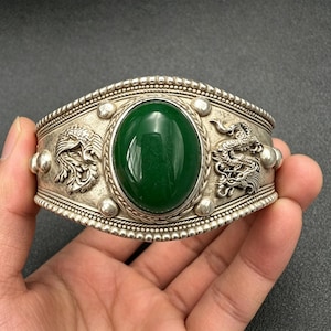 Vintage Dragon Phoenix Cuff Bangle, Tibetan‑Style Copper Based Bracelet with Inlaid Green Agate