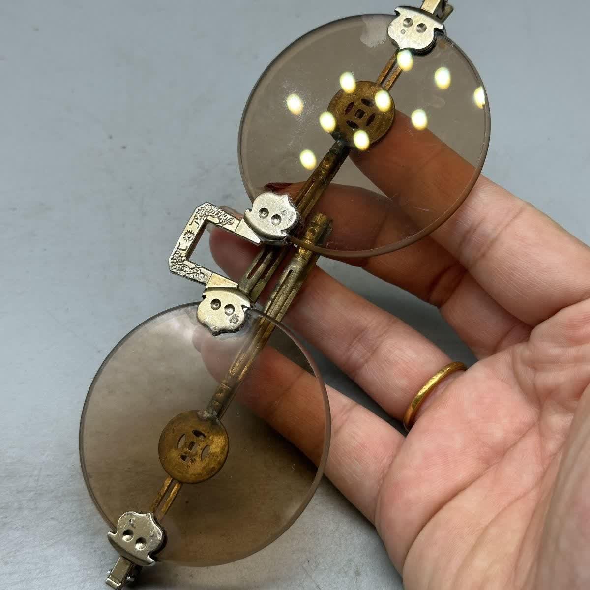 Natural Smoky Crystal Round Sunglasses, Aged Copper Alloy Coin Motif Frame Vintage Eyeglasses, Oriental Collectible Eyewear