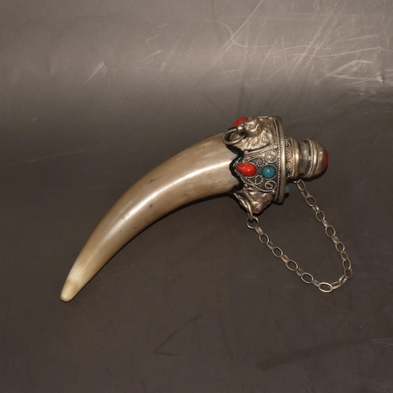 Vintage Horn Tip Snuff Bottle, Copper Inlaid Red & Green Cabochons, Handcrafted Oriental Collectible Ornament
