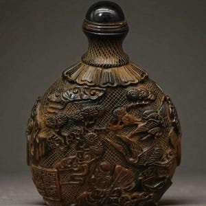 May include: A dark brown snuff bottle with a rounded body and a narrow neck topped by a smooth black spherical stopper. The surface features intricate relief carvings of figures, stylised floral patterns, and clouds with a cross-hatched texture.
