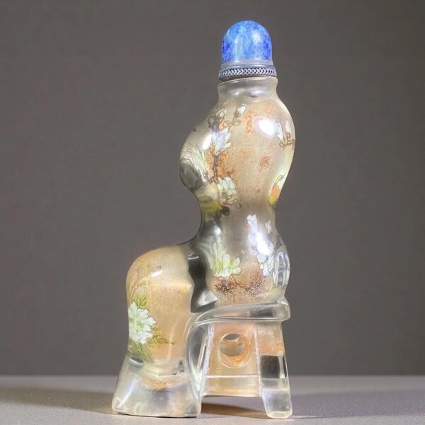 Chinese Republic Period Inside Painted Snuff Bottle, Cheongsam Dress Shaped Glass Snuff Bottle, Oriole Magnolia Peony Floral Art Curio