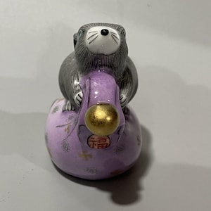 Hand‑Painted Gilded Porcelain Rat on Fortune‑Pouch Snuff Bottle, Chinese Zodiac Mouse Ceramic Collectible Ornament