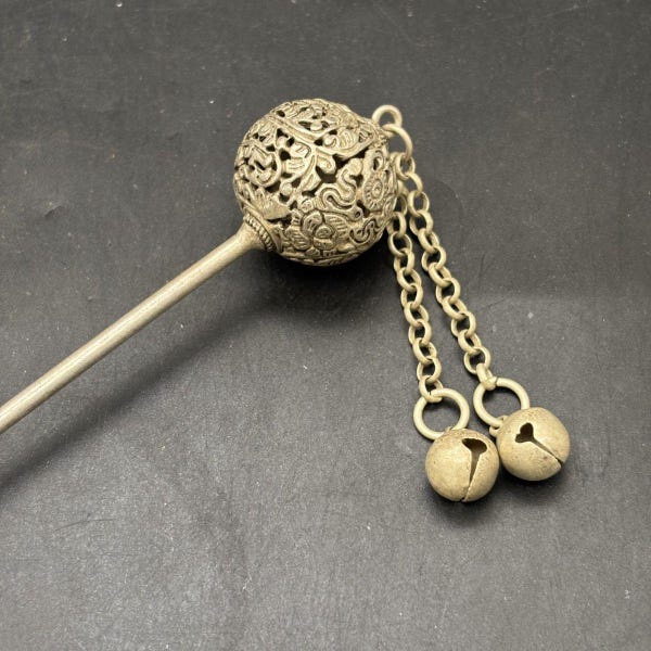 Vintage Openwork Ball Hairpin, Silver Tone Ethnic Chinese Bell Tassel Hair Stick for Hanfu Qipao