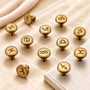 Vintage Brass Drawer Knob, Zodiac Sign Cabinet Pull, Solid Brass Hardware, Antique Gold Handle, Mid Century Home Decor